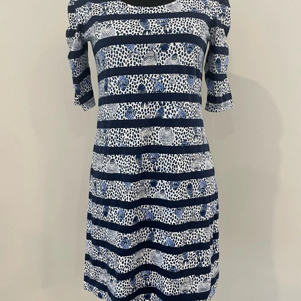 LILLY PULITZER LAJOLLA XS Navy White Fish Heart & Sole Stripe Puff Sleeve Dress - Picture 3 of 8